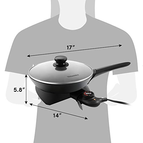 EG6207 Scratch Resistant 10.5-inch (2Qt) Fry Pan, Easy-Pour Spout Dishwasher Safe, Non-stick Electric Skillet with Glass Vented Lid, Adjustable Temperature, Black