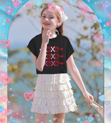 Image of Tkria Girl Crop Tops Valentine Short Sleeve Tshirt Tie Dye Heart Teen Girls Shirt Clothes 6-14 Years