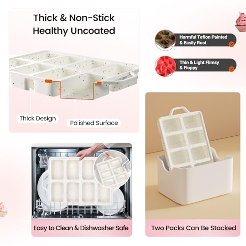 SJ Silicone Mini Loaf Pans with Metal Reinforced Frame-2 Pack, Non-stick Silicone Mini Bread Loaf Pans for Baking 8-Cavity, Tiny Banana Bread Set, Dishwasher Safe Brownie Pan-Cream - Thumbnail 6