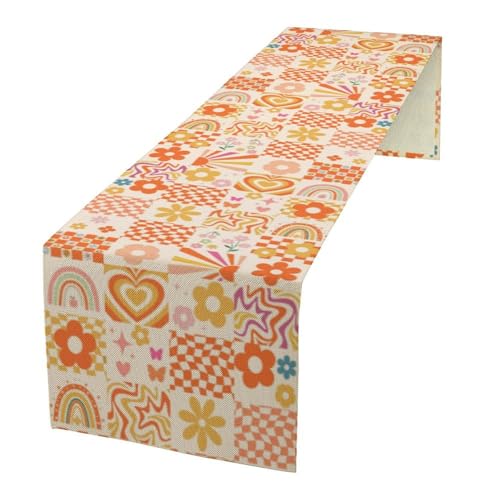 Groovy Floral Table Runner,Retro 70s Orange Hippie Wavy Cute Flower Table Runner for Home Indoor Outdoor Kitchen Holiday Birthday Party Wedding Decor 13x90 Inch