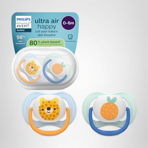 Philips Avent ultra air chupetas: design anatómico, para bebés de 0 a 6 meses, tetina simétrica de silicone macia, sem BPA, com estojo esterilizador, pacote de 2, SCF080/23
