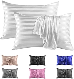 Stripe Satin Silk Pillowcase Pillow cover for Hair and Skin with Envelope Closure Pillow case 50 x 75 cm (White 2 Pcs)