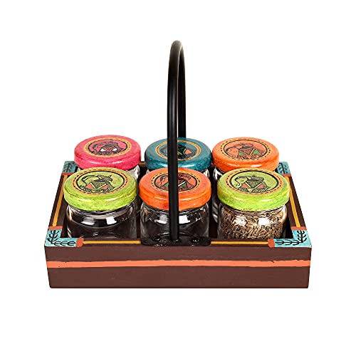 Image of AAKRITI ART CREATIONS Colourful Condiment Containers So6 with Tray | Handcrafted Madhubani Art Storage Jars | Kitchen Decoration Items Stylish Tray & Jars | Kitchen Jars with Wooden