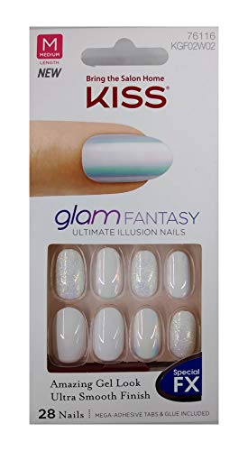 Kiss (1) Box Glam Fantasy Special FX Amazing Gel Look - 28pc Medium Length Oval Shape Nails with Glue & Adhesive Tabs - Glitter, Iridescent & Gloss White #76116 Vibes