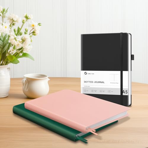 Lonely Oak Notizbuch A5 Hardcover Bullet Dotted Journal 120g/m²Dickes Premium Säurefreies Papier, 156 Seiten Journal mit Gummiband & Innentasche, 14,5 x 21,3 cm (Schwarz)