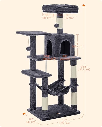 Image of Feandrea Cat Tree, 54.2-Inch Cat Tower, Plush Multi-Level Condo with 4 Scratching Posts, 2 Perches, Hammock, Cave, Smoky Gray UPCT161G01