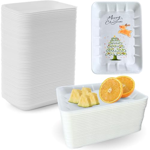 60pcs Crafts Foam Trays 8.26x 5.9 White Foam Meat Tray Food Tray Paint and Ink Mixing Trays School Printmaking Trays for DIY Crafts Disposable Fruit Trays BBQ Grill Roast Food Plates
