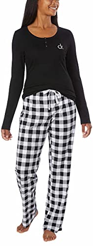Calvin Klein Womens 2 Piece Fleece Pajama Set (Black/Buffalo Check, Medium)