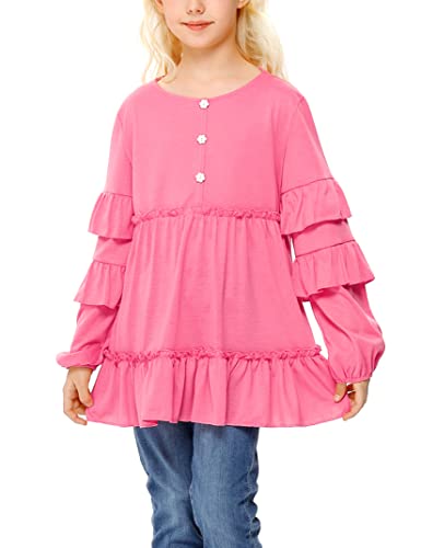 Lionjie Girls Cute Tops Long Sleeve Blouse Ruffle Casual Button Down Shirt Crew Neck Teen Pullover Tees Pink #TOP4