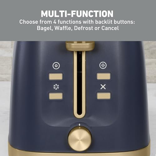 Image of West Bend Timeless 2-Slice Toaster with 7 Browning Levels, Bagel /Waffle /Defrost Settings, High-Lift Lever, Anti-Jam, Easy-Clean Crumb Tray, 2-Slice, Blue /Gold