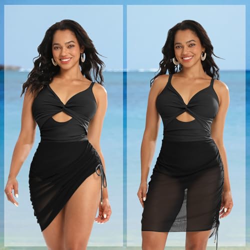 Women's One Piece Swimsuit Tummy Control Swim Dress V Neck Cutout Bathing Suits Wrap Drawstring Sarong Swimwear4