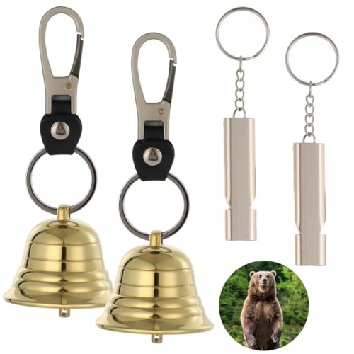 2-Pack Brass Bear Bell With 120Db Emergency Whistle For Outdoor Survival, Hiking, And Fishing