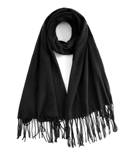 Bobelle Wear Schal Damen, Warme Winterschal Baumwolle Weicher Einfarbig Langschal mit Fransen/Quasten, Kuscheliger Deckenschal, 196 x 69 cm (Schwarz)