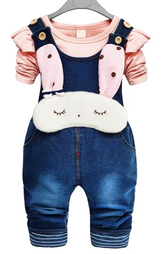 Image of Baby Pant Set, Toddler Overalls Set, Ripped Jean Workwear Set, Pink Flower Cute Cartoon