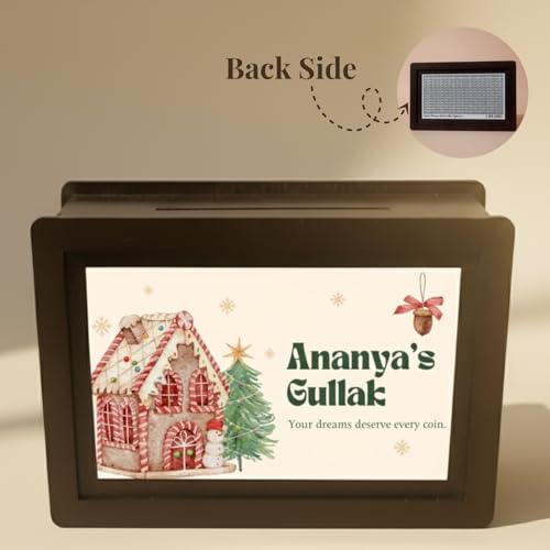 Image of Christmas Edition Personalized Money Bank Box | MDF Wooden Gullak 9x5.5 Inch | Secret Santa Gift for Brother, Sister, Son, Daughter, Friend, Kids, or Office