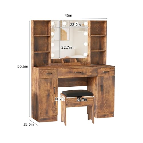 Vabches Makeup Vanity Desk with Lighted Mirror, 3 Lighting Colors, Large Vanity Set Makeup Table with 3 Drawers, 2 Cabinets and Storage Stool 45.2in(W)(Rustic Brown)
