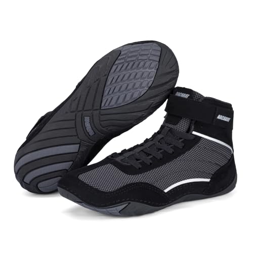 NACARAT Men's Wrestling Shoes-Non-Slip Boxing Boots with Ankle Strap,Breathable Mesh,Durable Trim for Wrestling,Boxing&Cross Training (Wide Width Available) Black/Grey Size 11
