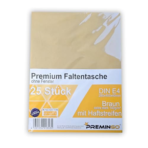 25x Faltentaschen E4 braun, 280x400mm, 4cm Bodenfalte, selbstklebend mit Abziehstreifen, 140 g/qm, Faltenversandtaschen Musterbeutel