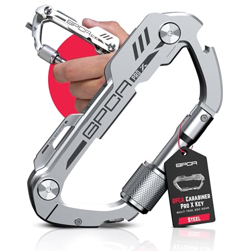 GPCA Multi-Tool Carabiner Clip D Ring Key Chain with Keychain Organizer – Bottle Opener, Heavy-Duty Carabiner Clip for Camping Essentials, (GP Carabiner Pro X Key, Steel)