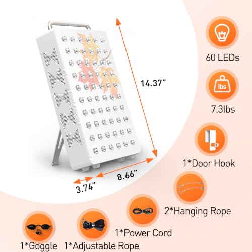 Image of Red Light Therapy Panel, 5 Wavelength 60 Dual Chip LEDs 630+660+810+830+850nm Near Infrared Lamp Therapy Device Timer & Stand for Body Pain Relief Face Skin Health Sleep 100W White