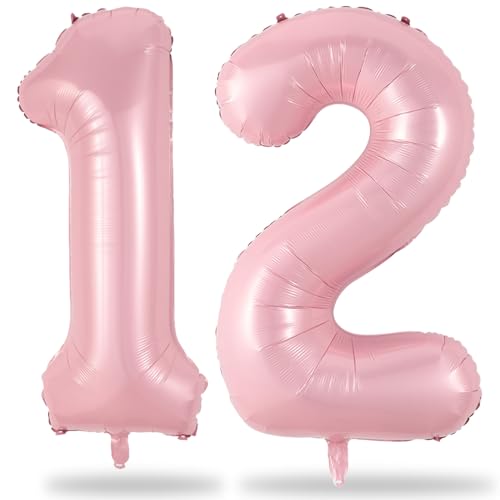 Light Pink 12th Birthday Balloon for Girls 40 Mylar Self Inflating Number 12 Balloon Big Foil 1 & 2 Helium Pastel Pink Balloon for Women 21st Birthday Party Decoration Anniversary Decor Supplies