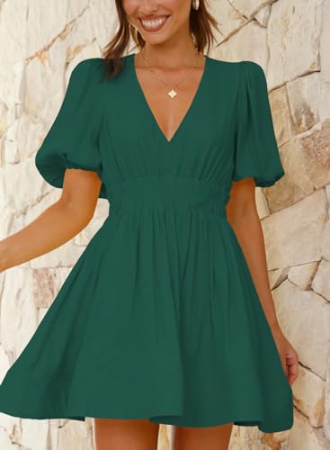 Image of Outfeel Women 2025 Summer Mini Dress Puff Short Sleeve Sexy V Neck A Line Elastic High Waist Flowy Swing Dresses