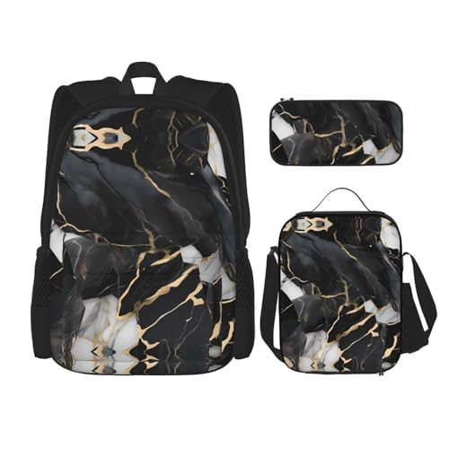 Light Black Marble Print 3 Piece Set Backpack, Lunch Bag, Pencil Case, Cute Sturdy For College And Travel