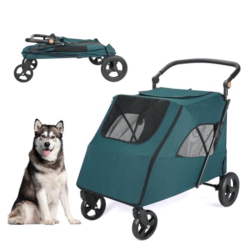 Pet Stroller for Large Dogs,Up to 66lbs Pet Pram Adjustable Handle, Folding Dog Buggy, XXL Storage Double Pet Pram for Cats (Dark Green)