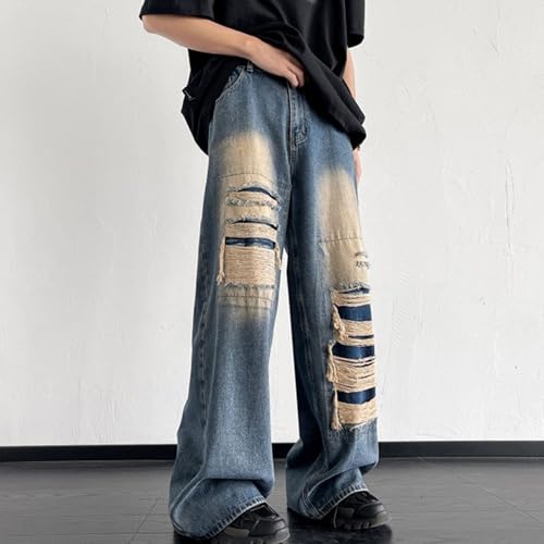 Vintage Ripped Jeans Men's Wide-Leg Straight Cargo Jeans Distressed Hip-Hop Trousers with Pockets3