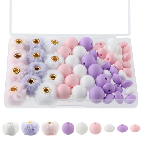 Sunrony 57Pcs Mix Pink Purple White 15mm Silicone Beads for Keychain Making 12mm Silicone Lentil Beads for Crafts Making Fluffy Faux Fur Fuzzy Pom Poms for Pens
