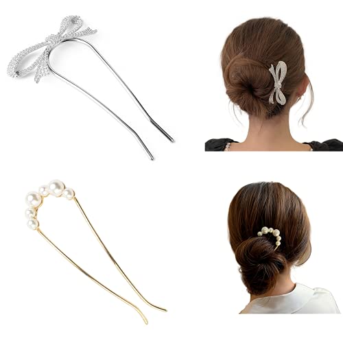 2 pcs pack U Shape Hair clip Updo Hair Sticks Metal Hair Pin 2 Prong Bun DIY Hair Fork Hair Accessories Clips Grips for Women and Girls