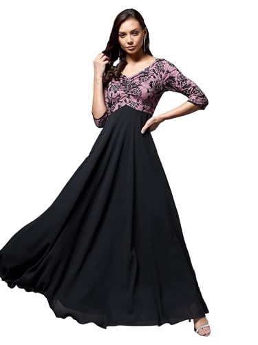 Image of Miss Chase Women's Sweet-Heart Neck 3 /4 Sleeve Self Design Fit & Flare Maxi Dress with Pockets