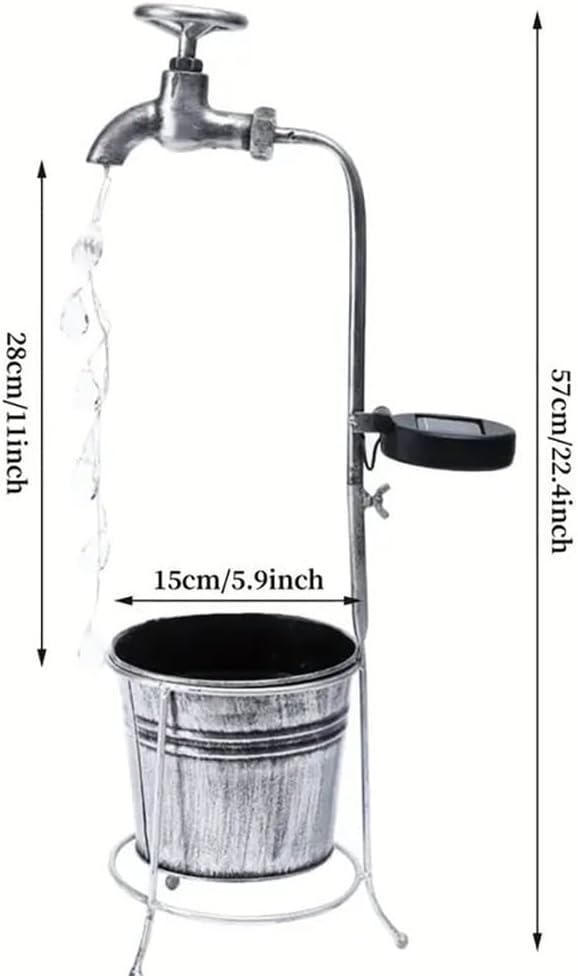 Solar Water Faucet Bucket Lights Outdoor Garden Decor, Waterproof Vintage Decorations with LED Light for Yard Lawn Patio Pathway