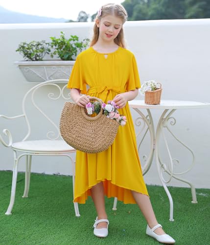 Girls Ruffle Dress Summer Plain Casual Irregular Party Dress with Belt 7-14 Years2