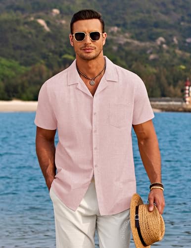 COOFANDY Camisas masculinas de linho, praia, gola cubana, camisas de verão, casamento, férias, féria