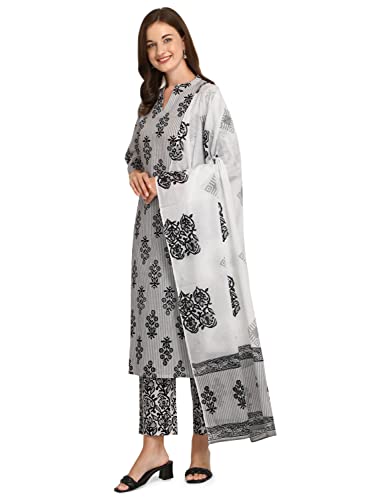 Image of FIORRA Women's White Pure Cotton Kurta with Pant and Dupatta