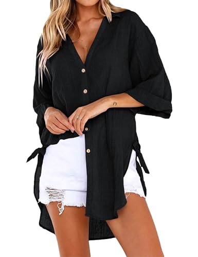 Image of Bozanly V Neck 3 /4 Sleeve Button Shirts Summer Beach Blouse Tops for Women