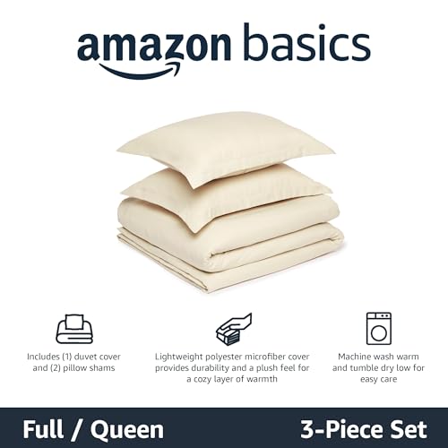 Image of Amazon Basics Lightweight Microfiber 3-Piece Duvet Cover Set with Zipper Closure, Full /Queen, Beige, Solid