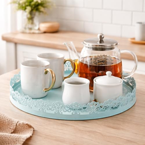 Image of Gold Finish Decorative Metal Tray | Multipurpose Serving & Vanity Tray | Premium Cutwork Design | Home Decor Organizer | 28 x 4 cm (Mint Green)