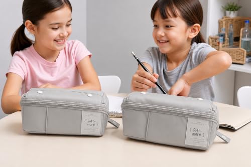 Image of WORSHIPER Multi-Functional Soft Pencil Case for Girls | Large Capacity Zipper Pouch with Multiple Compartments | Aesthetic Stationery Organizer for School, College & Office (Soft More Grey)