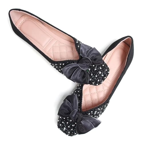 SAILING LU Square Toe Flats Shoes Rhinestoned Bowknots Ballet Flats for Women Studded Dress Shoes Comfort Light Weight Loafers