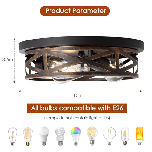 13 Inch Farmhouse Close to Ceiling light Fixtures, 3-Lights Flush Mount Ceiling Light, Indoor Metal Cage Semi Flush Mount Ceiling Light for House Hallway Kitchen Bedroom, 2 Pack, Black and Gold by WYNEYET - Used condition - Image 3