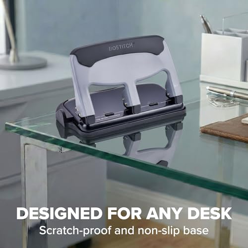 Image of Bostitch EZ Squeeze 3 Hole Paper Punch, 40 Sheet Capacity, Heavy Duty Metal Office Hole Puncher with Chip Tray, Non-Slip Base & Paper Guide, 9 /32 inch Holes for Binders, School & Home Office