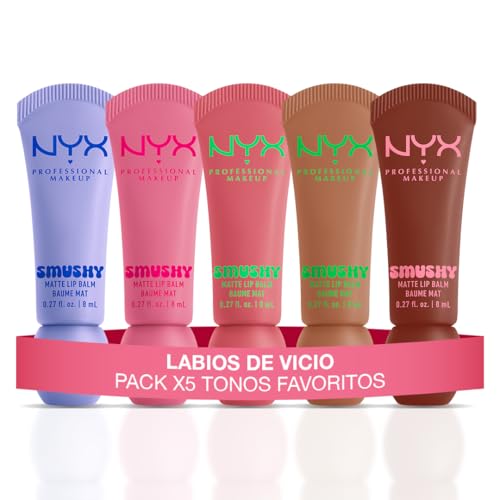 NYX Professional Makeup Pack x5 Smushy Matte Lip Balm con Aplicador Suave, Bálsamo Labial Mate con Acabado Difuso, Ceramidas de Azúcar y Polvo de Arroz Mochi, Fórmula Vegana, Sugar Smush + Swipe Sesh