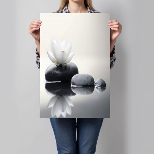 Impression sur Toile Style Zen, Tableau Affiche Décoration Murale à Fleurs de lotus cailloux, Tableau Décoratif Noir,pour Salon Chambre, 70x50cm, Sans Cadre
