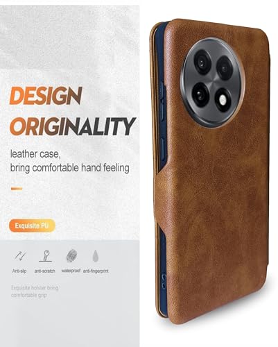 Image of Premium Vegan Leather Phone Cover with Card Slot - Slim, Durable, Privacy Protection, Kickstand Function, Elegant Flip Wallet Cases Compatible for OnePlus 13R 5G (Brown)