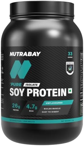 Nutrabay Pure Soy Protein Isolate Powder 26.2g Protein, 4.7g BCAA per Serving, NABL Lab Tested – Easy to Digest, No Added Sugar, Vegan – 1kg, Unflavoured | 100% Authentic & Clean Protein