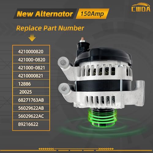 Image of 4210000820 Alternator 12V Compatible with 14-22 Jeep 2015-2017 Chrysler 200 | Cherokee KL 160A 6-Groove Pulley Clockwise Replace 4210000821