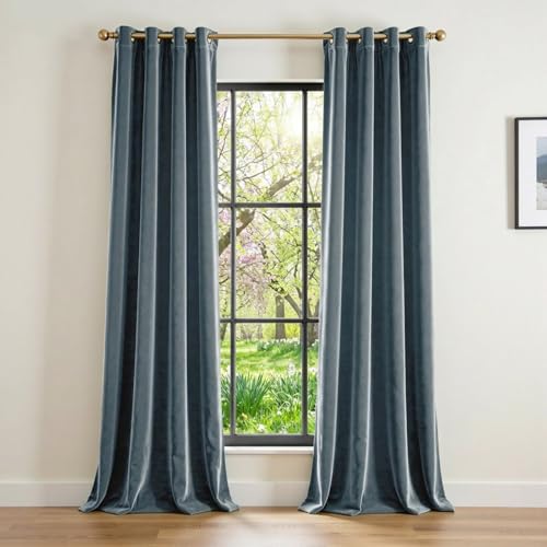 Image of Blackout Dark Slate Velvet Curtains Grommet 52x96 Inch 2 Panels | Soft Velvet, For Bedroom & Living Space, Light Shifting Texture, Elegant Drape, Serene, Fresh