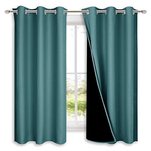 Image of NICETOWN 100% Blackout Short Curtains with Black Liners, 2 Panels, 37 inch W by 40 inch L, Sea Teal, Solid Thermal Insulated Full Blackout 2-Layer Lined Drapes, Energy Efficiency Window Draperies for Bedroom